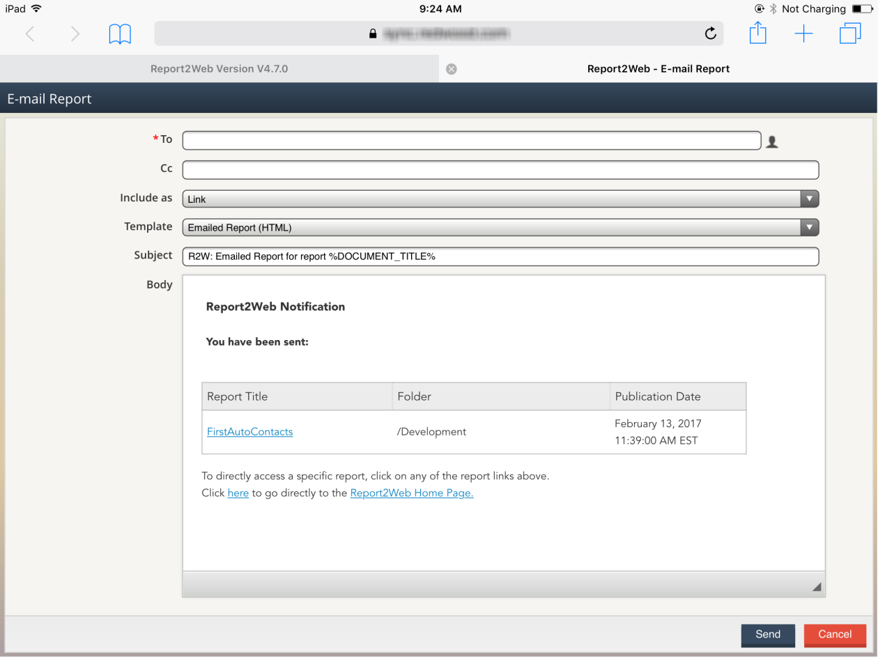 Screenshot of E-mail Report dialog on an iPad